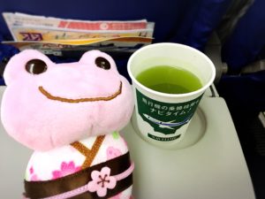 飛行機内でお茶を飲むカエル